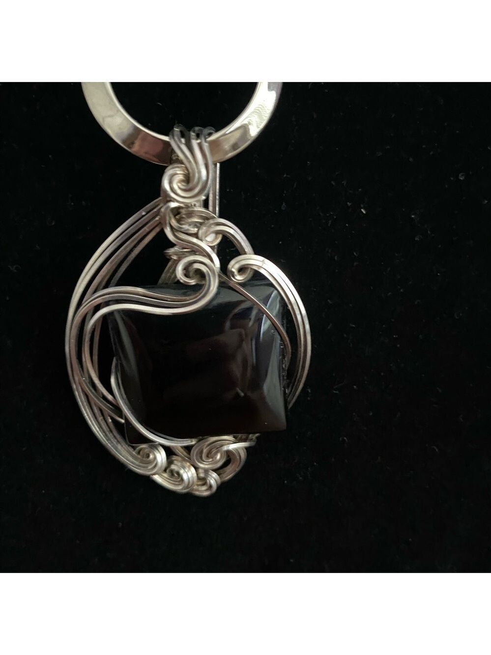 Onyx Pendant Handmade Twisted Silver Wire Wrap Artisan Statement - Picture 3 of 7